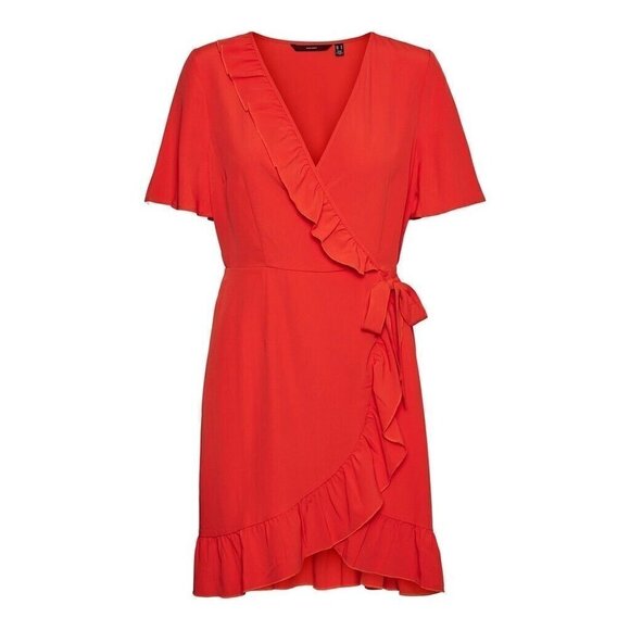 VERO Moda Red "Lee" Faux Wrap Dress Ruffle Trim - Picture 8 of 8